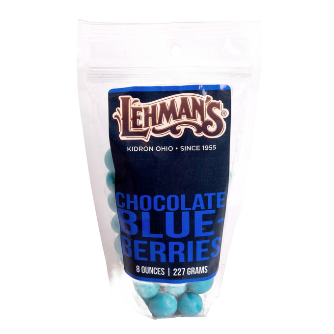 Resealable bag of handcrafted chocolate-covered blueberries in bright blue coating, made in USA, perfect for Kitchen & Food, Snacks and Sweets, Candy, and Best Sellers collections.