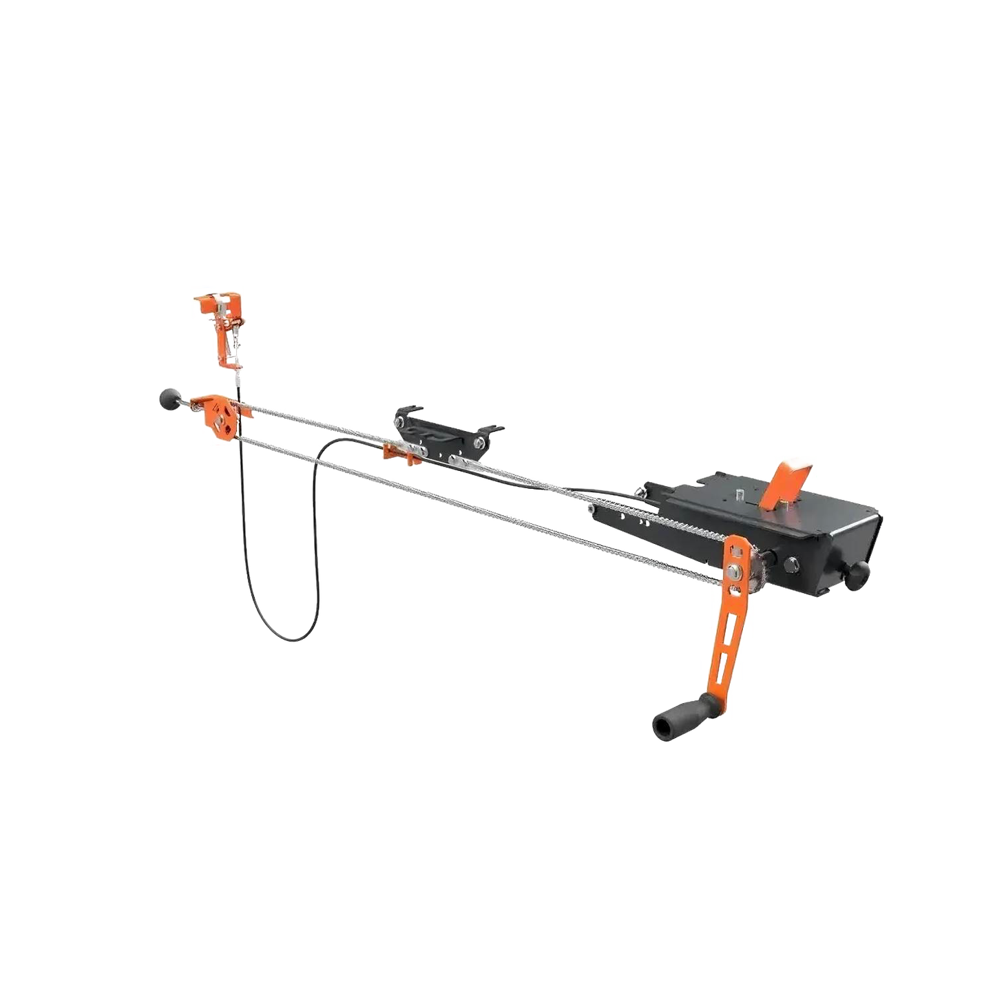 Remote crank feed attachment with sturdy metal frame and ergonomic handles, designed for comfortable sawing in wood cutting, farm, and garden tool applications.
