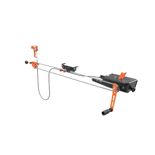 Remote crank feed attachment with sturdy metal frame and ergonomic handles, designed for comfortable sawing in wood cutting, farm, and garden tool applications.