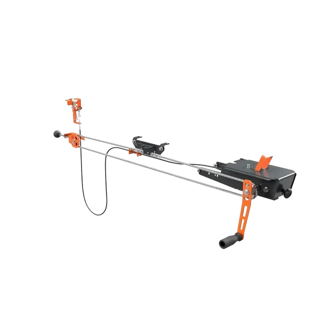 Remote crank feed attachment with sturdy metal frame and ergonomic handles, designed for comfortable sawing in wood cutting, farm, and garden tool applications.