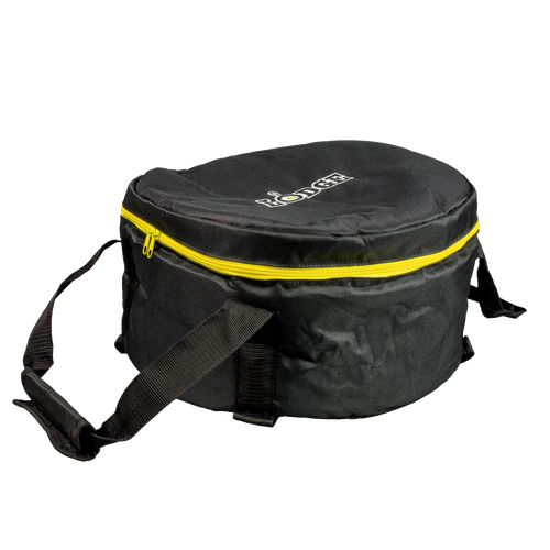 Black round tote bag with thick weather-resistant polyester, featuring extra padding, bright yellow zipper, and durable straps, perfect for carrying cookware in camping, kitchen, and outdoor settings.