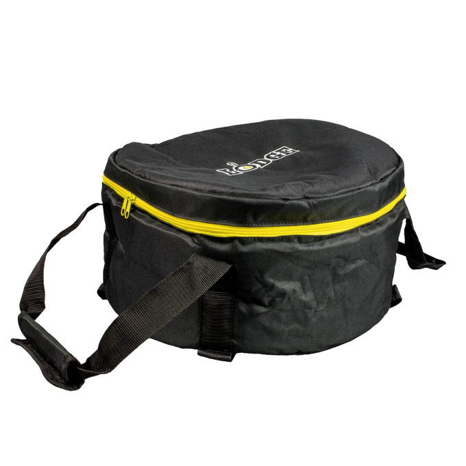 Black round tote bag with thick weather-resistant polyester, featuring extra padding, bright yellow zipper, and durable straps, perfect for carrying cookware in camping, kitchen, and outdoor settings.