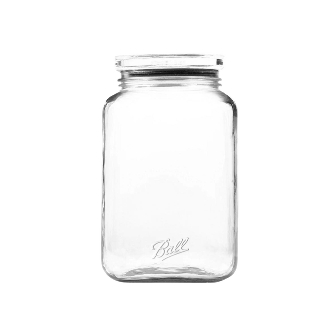 Clear square glass storage jar with an airtight lid and embossed logo, designed for organizing kitchens and pantries in Home & Decor, Kitchen & Food, and Storage collections.