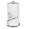 Satin nickel paper towel holder with circular base and tear arm for easy dispensing, designed to fit standard and jumbo rolls; featured in Home & Decor and Household Helpers collections.
