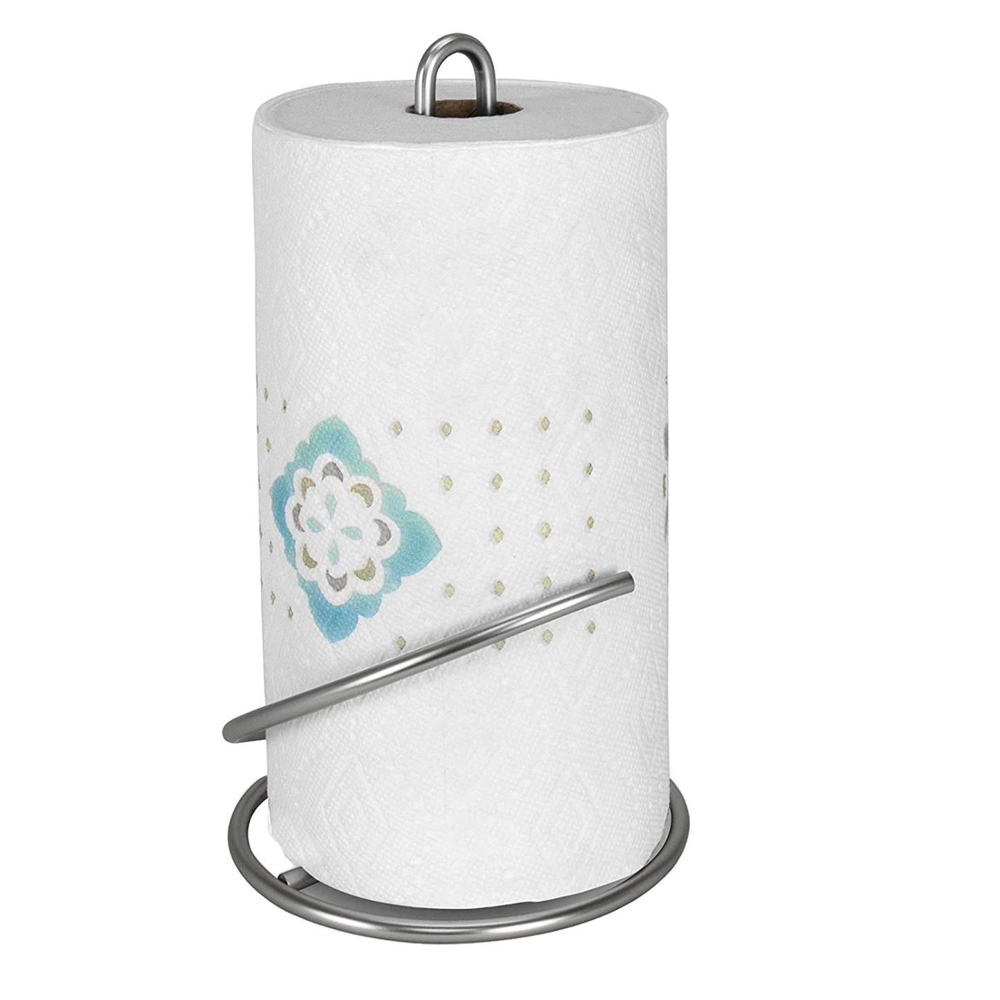 Satin nickel paper towel holder with circular base and tear arm for easy dispensing, designed to fit standard and jumbo rolls; featured in Home & Decor and Household Helpers collections.