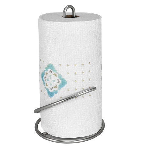 Satin nickel paper towel holder with circular base and tear arm for easy dispensing, designed to fit standard and jumbo rolls; featured in Home & Decor and Household Helpers collections.