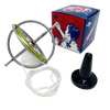 Sturdy metal gyroscope with supporting string and black plastic stand alongside colorful box featuring vintage-style child illustration, part of Toys, Books & Games and USA Made collections.