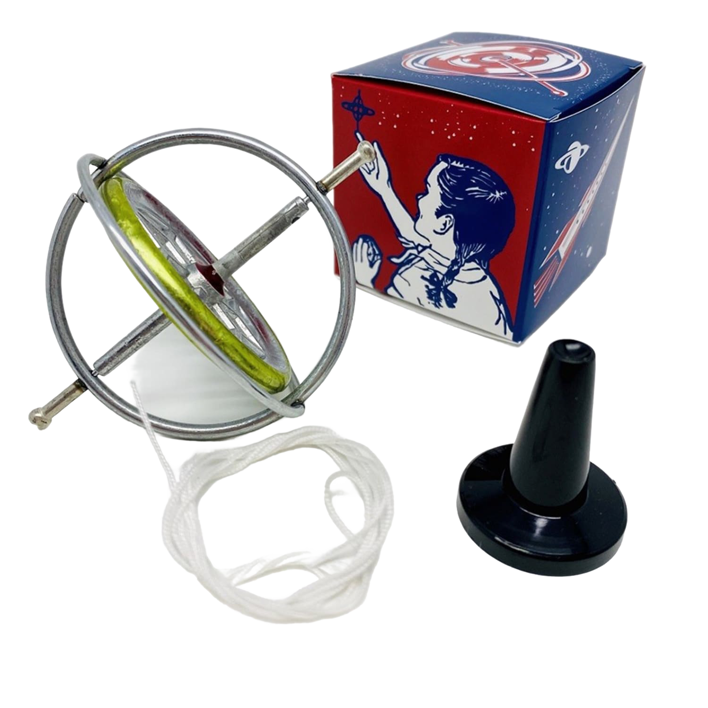 Sturdy metal gyroscope with supporting string and black plastic stand alongside colorful box featuring vintage-style child illustration, part of Toys, Books & Games and USA Made collections.