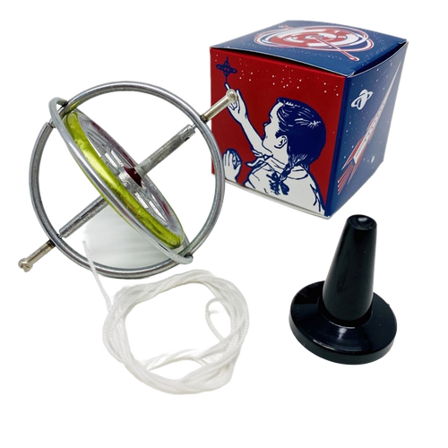 Sturdy metal gyroscope with supporting string and black plastic stand alongside colorful box featuring vintage-style child illustration, part of Toys, Books & Games and USA Made collections.