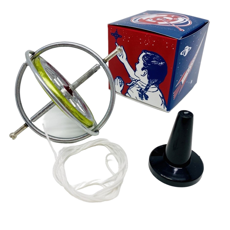 Sturdy metal gyroscope with supporting string and black plastic stand alongside colorful box featuring vintage-style child illustration, part of Toys, Books & Games and USA Made collections.