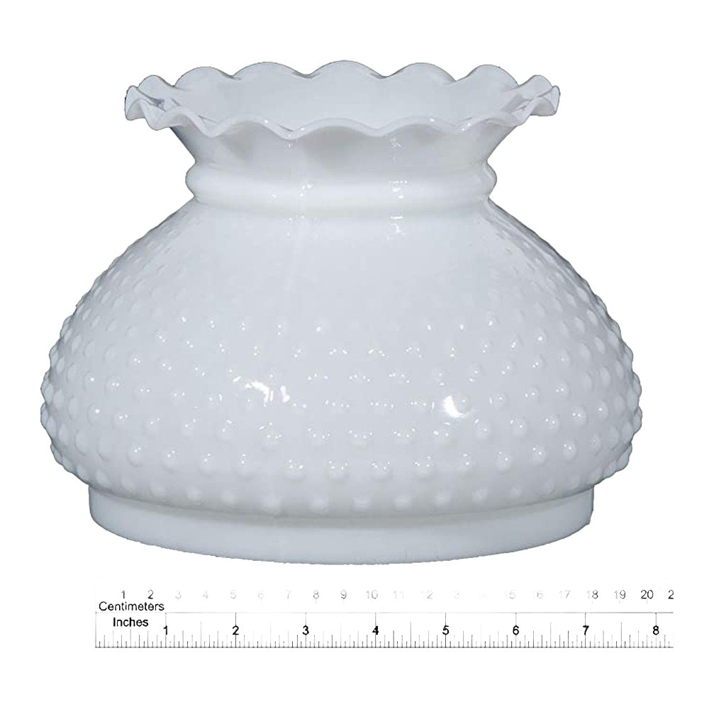 Handcrafted opal glass oil lamp shade featuring a hobnail texture and elegant ruffled top, ideal for lamps & lighting, parts and accessories, lamp shades, best sellers, and promo eligible collections.