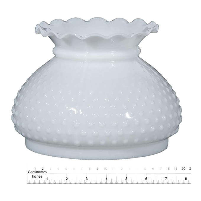 Handcrafted opal glass oil lamp shade featuring a hobnail texture and elegant ruffled top, ideal for lamps & lighting, parts and accessories, lamp shades, best sellers, and promo eligible collections.