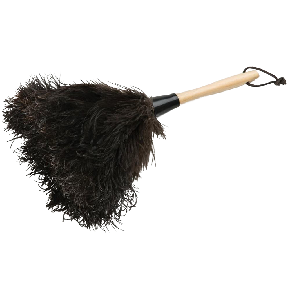Ostrich feather duster with a natural wooden handle and soft black feathers, handcrafted in South Africa, ideal for Home & Decor, Household Cleaning, Cleaning Utensils and Gadgets, Best Sellers, and Promo Eligible collections.