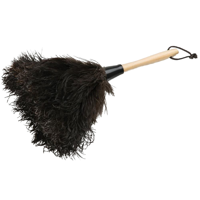 Ostrich feather duster with a natural wooden handle and soft black feathers, handcrafted in South Africa, ideal for Home & Decor, Household Cleaning, Cleaning Utensils and Gadgets, Best Sellers, and Promo Eligible collections.