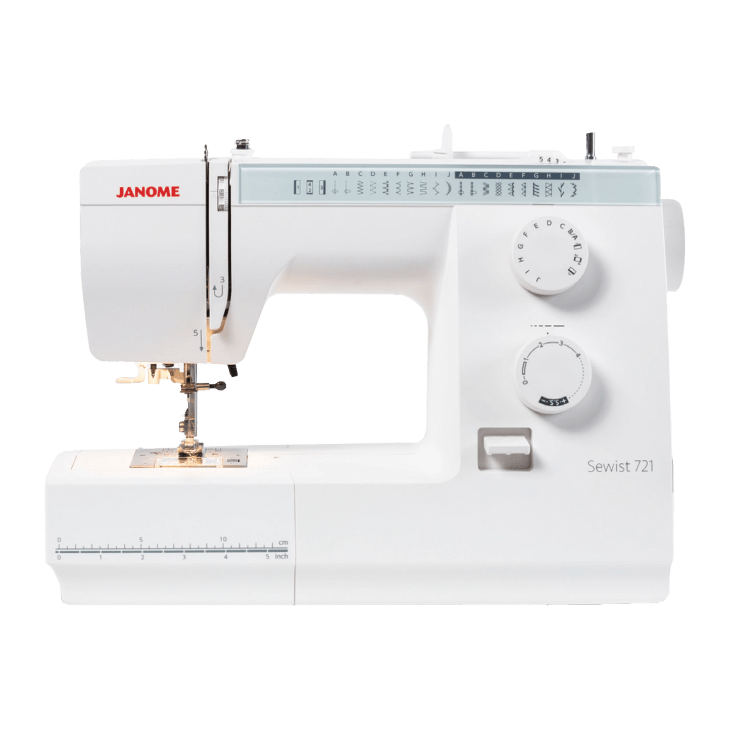 Compact white mechanical sewing machine with stitch selection dial and adjustable settings, ideal for sewing and quilting projects in home and garden collections.