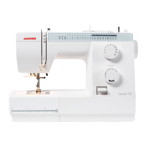 Compact white mechanical sewing machine with stitch selection dial and adjustable settings, ideal for sewing and quilting projects in home and garden collections.