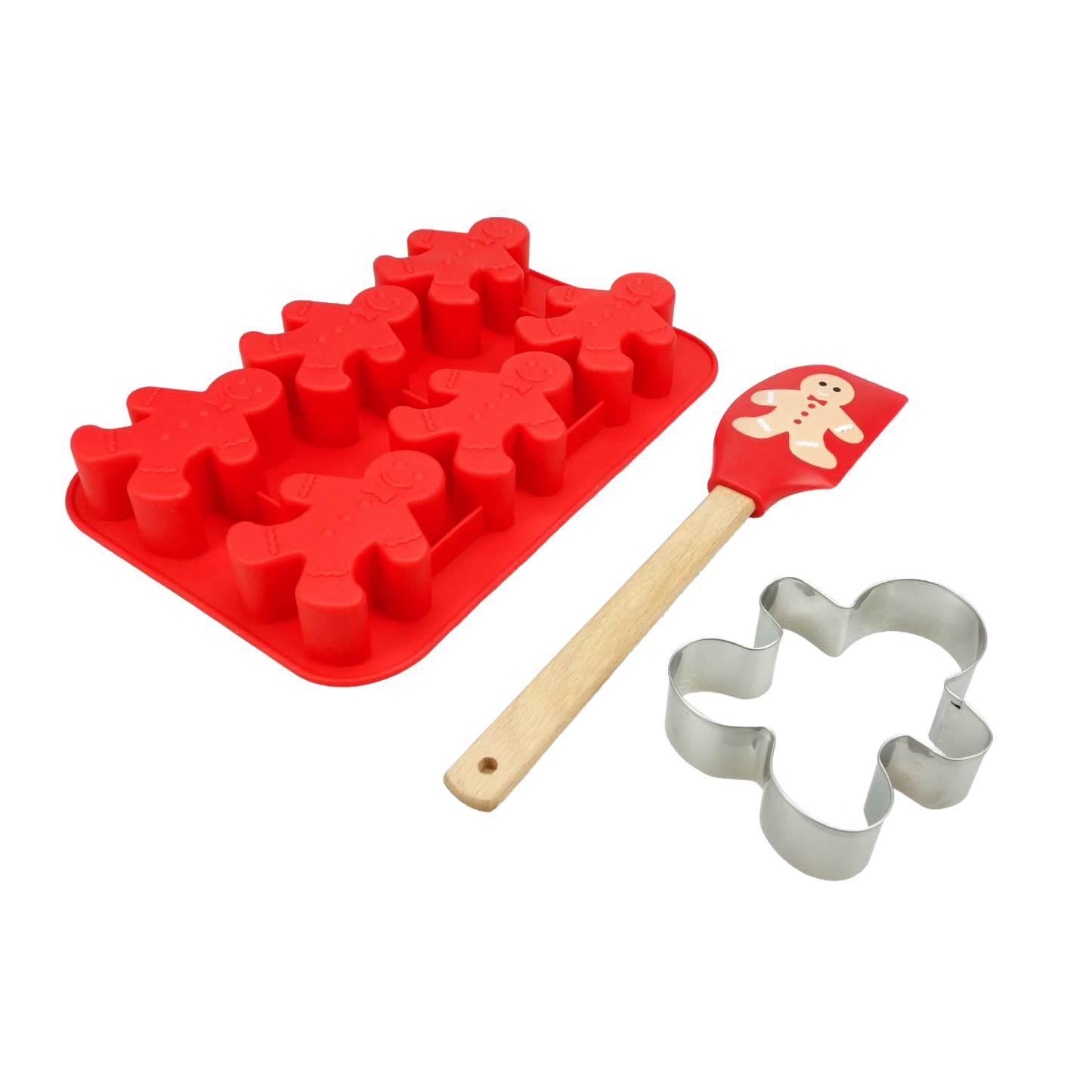 Three-piece baking set with a red silicone mold featuring six gingerbread shapes, a wooden-handled spatula with a gingerbread design, and a metal gingerbread man cookie cutter, ideal for Kitchen & Food, Cookware, Baking Supplies, Best Sellers, and Promo Eligible collections.