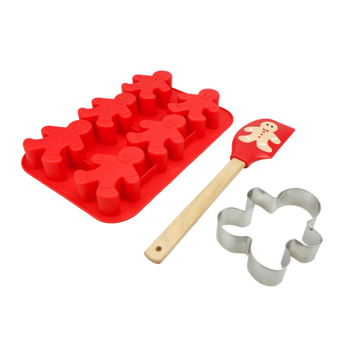 Three-piece baking set with a red silicone mold featuring six gingerbread shapes, a wooden-handled spatula with a gingerbread design, and a metal gingerbread man cookie cutter, ideal for Kitchen & Food, Cookware, Baking Supplies, Best Sellers, and Promo Eligible collections.