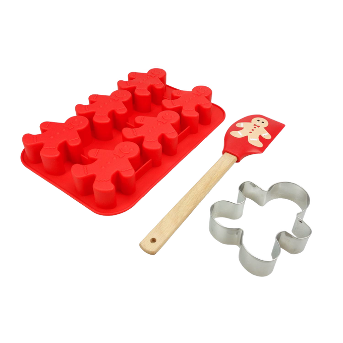 Three-piece baking set with a red silicone mold featuring six gingerbread shapes, a wooden-handled spatula with a gingerbread design, and a metal gingerbread man cookie cutter, ideal for Kitchen & Food, Cookware, Baking Supplies, Best Sellers, and Promo Eligible collections.