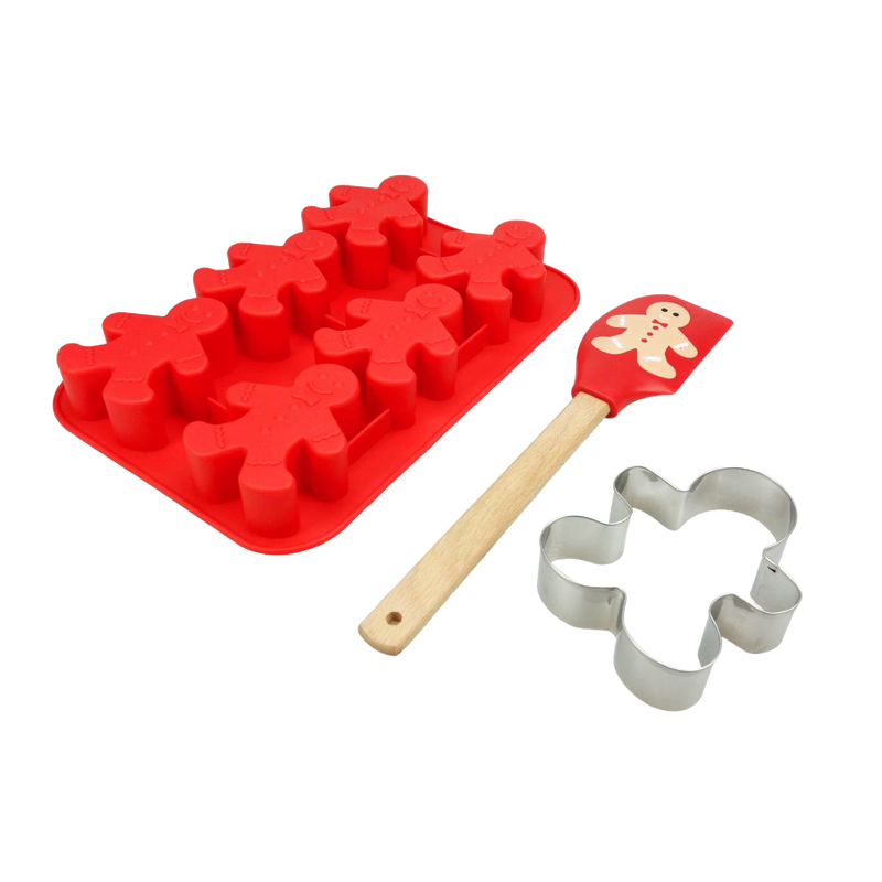 Three-piece baking set with a red silicone mold featuring six gingerbread shapes, a wooden-handled spatula with a gingerbread design, and a metal gingerbread man cookie cutter, ideal for Kitchen & Food, Cookware, Baking Supplies, Best Sellers, and Promo Eligible collections.