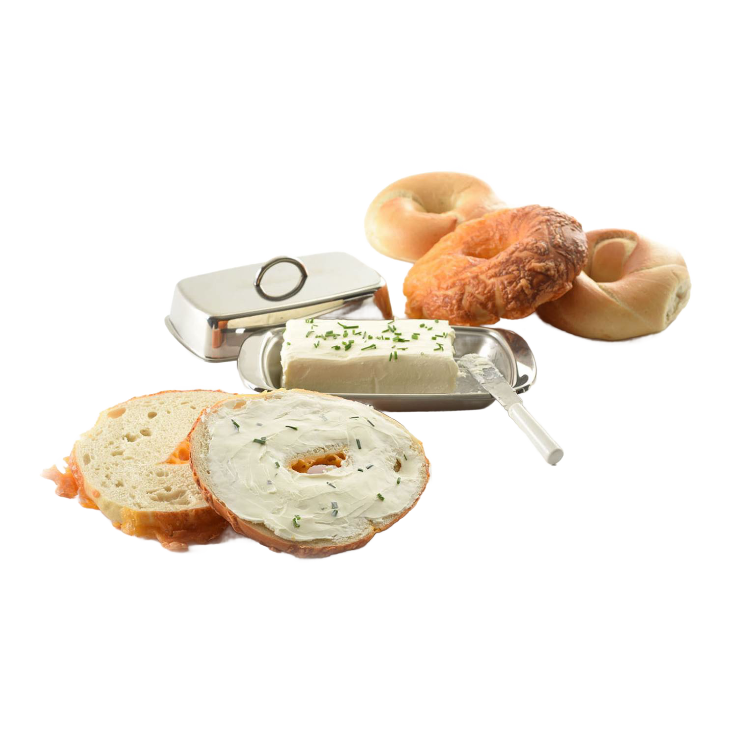 Polished stainless steel butter dish with matching cover, holding a block of cream cheese topped with herbs, styled with bagels and a bread slice spread with cream cheese, ideal for Kitchen & Food and Specialty Equipment collections.