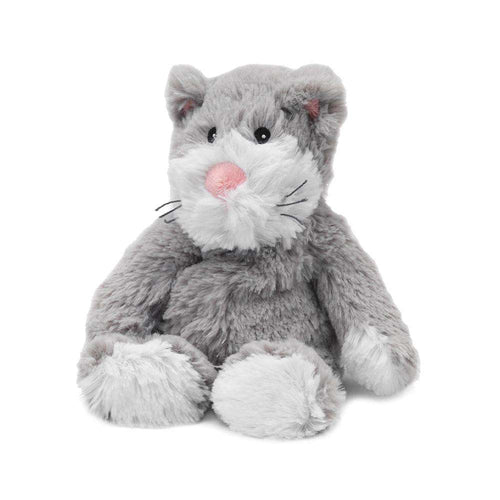 Soft and cuddly gray and white plush cat with pink nose and whiskers, microwaveable and weighted for comforting warmth, scented with dried French lavender, ideal for Health & Wellness and Children's Toys collections.