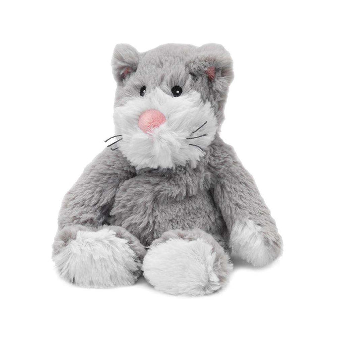 Soft and cuddly gray and white plush cat with pink nose and whiskers, microwaveable and weighted for comforting warmth, scented with dried French lavender, ideal for Health & Wellness and Children's Toys collections.
