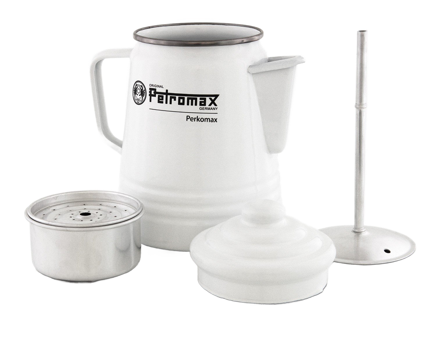 White enameled steel percolator with handle, spout, lid, filter basket, and plunger parts, designed for brewing coffee or tea, featured in Farm, Garden & Tool, Camping, Kitchen & Food, Brewing Coffee and Tea, Best Sellers, and Promo Eligible collections.