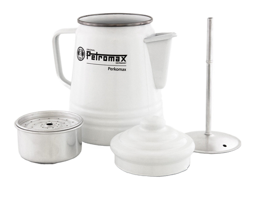 White enameled steel percolator with handle, spout, lid, filter basket, and plunger parts, designed for brewing coffee or tea, featured in Farm, Garden & Tool, Camping, Kitchen & Food, Brewing Coffee and Tea, Best Sellers, and Promo Eligible collections.