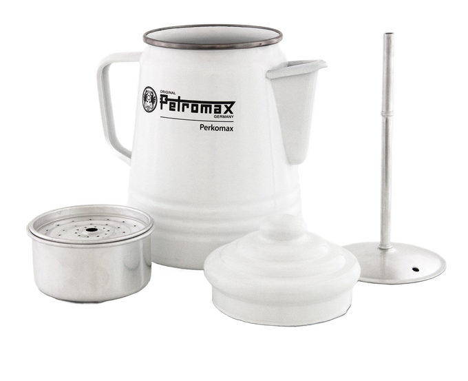 White enameled steel percolator with handle, spout, lid, filter basket, and plunger parts, designed for brewing coffee or tea, featured in Farm, Garden & Tool, Camping, Kitchen & Food, Brewing Coffee and Tea, Best Sellers, and Promo Eligible collections.