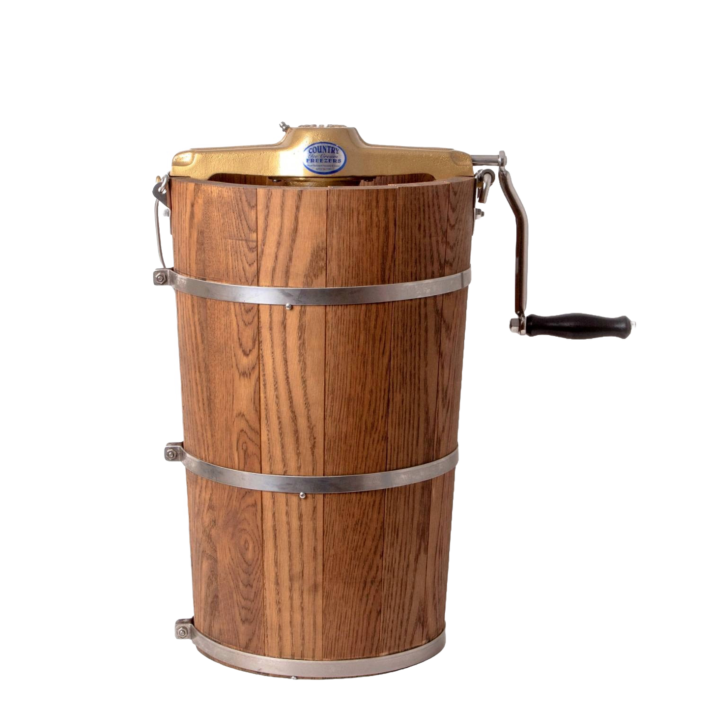 Handcrafted wooden ice cream freezer bucket with metal bands and durable crank handle, made in USA and designed for Kitchen & Food, Specialty Equipment, Making Ice Cream, and Best Sellers collections.