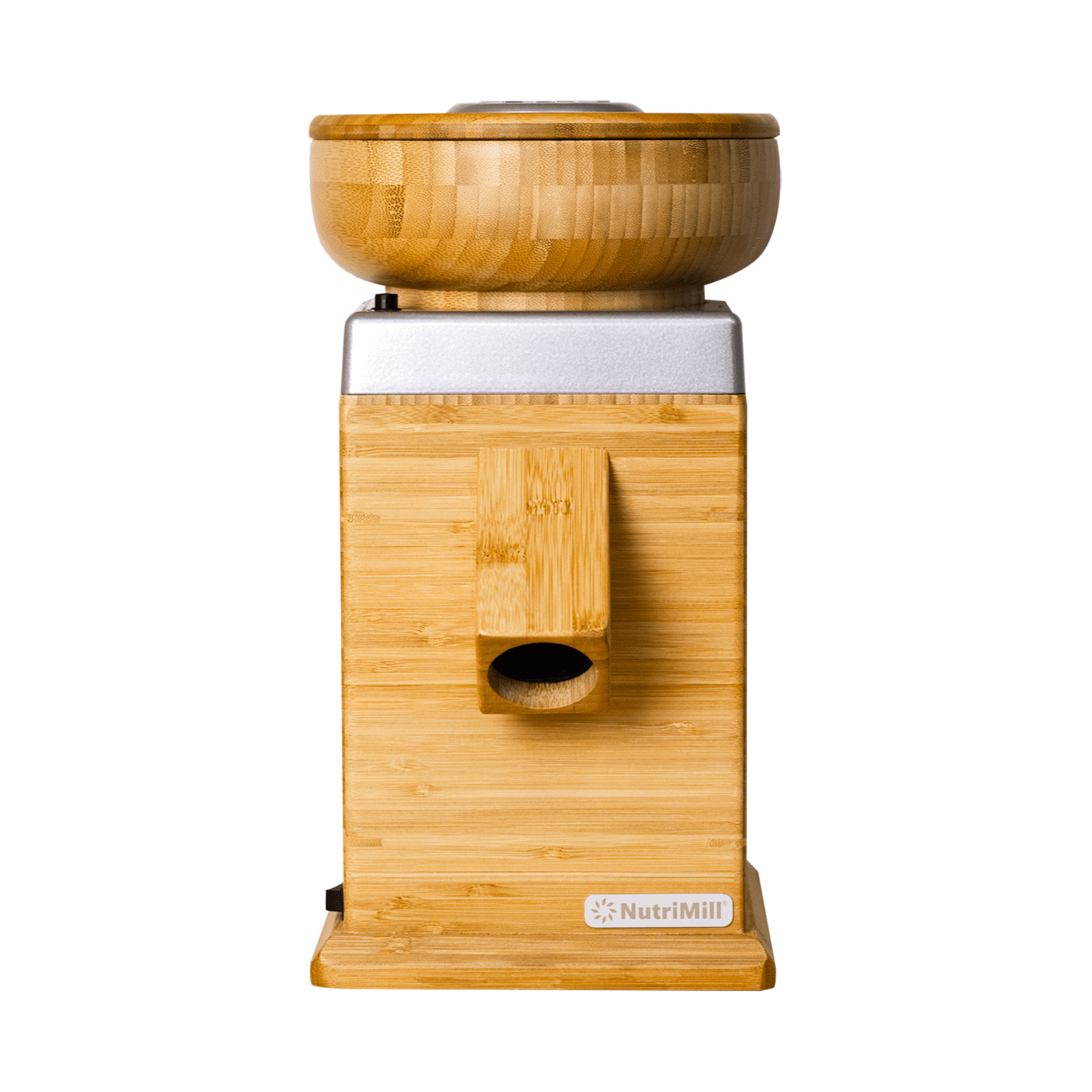 Front view of a handcrafted electric grain mill with a natural bamboo finish and wooden grain hopper, ideal for Kitchen & Food, Grain Mills, Best Sellers, and Bread Making Supplies collections.