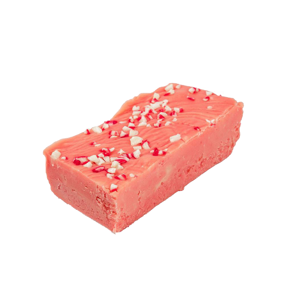 Single handcrafted creamy pink fudge piece topped with crushed peppermint bits, featured in Kitchen & Food, Snacks and Sweets, USA Made, Best Sellers, and Promo Eligible collections.