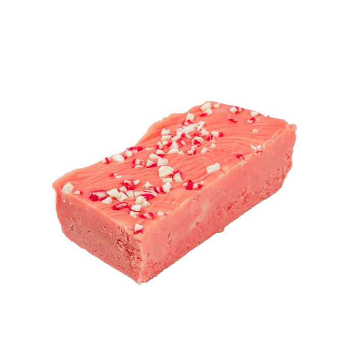 Single handcrafted creamy pink fudge piece topped with crushed peppermint bits, featured in Kitchen & Food, Snacks and Sweets, USA Made, Best Sellers, and Promo Eligible collections.