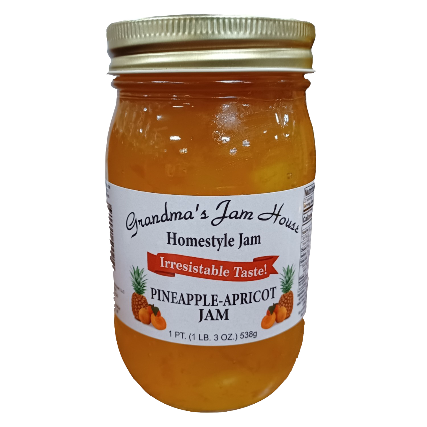 Handcrafted jar of pineapple-apricot homestyle jam with gold metal lid and white label featuring fruit illustrations, made in USA, ideal for Kitchen & Food, Pantry, Peanut Butter & Jellies, Best Sellers, and Promo Eligible collections.