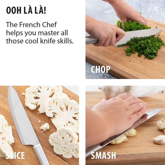 Handcrafted USA-made chef’s knife with an 8-1/2" stainless steel blade, shown chopping herbs, slicing cauliflower, and smashing garlic, ideal for kitchen and food prep collections.