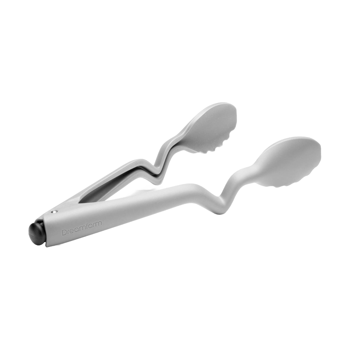 Gray nylon cooking tongs with a unique bent handle that keeps tips elevated for mess-free use, featured in Kitchen & Food, Kitchen Gadgets, Cooking and Baking Helpers, Best Sellers, and Promo Eligible collections.