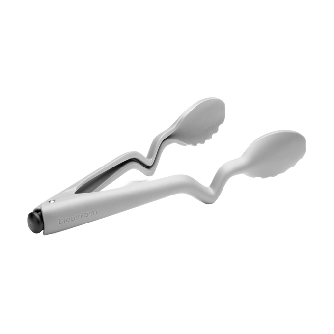 Gray nylon cooking tongs with a unique bent handle that keeps tips elevated for mess-free use, featured in Kitchen & Food, Kitchen Gadgets, Cooking and Baking Helpers, Best Sellers, and Promo Eligible collections.