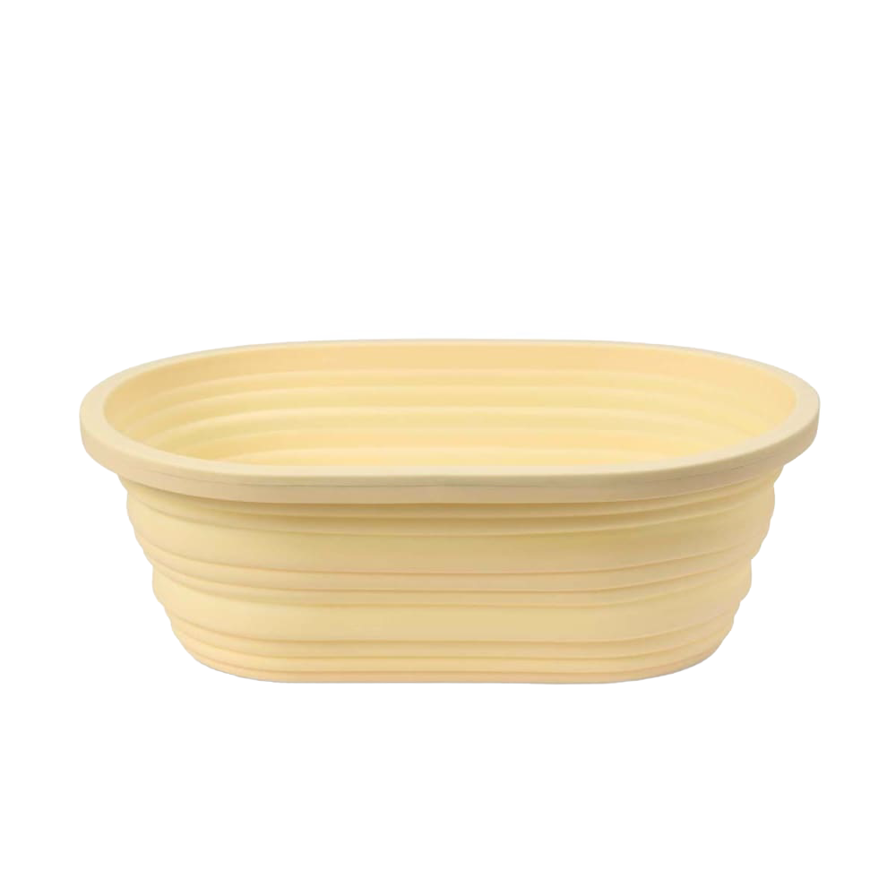 Oval collapsible bread proofing basket made from durable silicone with a steel rim, designed for shaping dough and easy storage in Kitchen & Food and Baking Supplies collections.