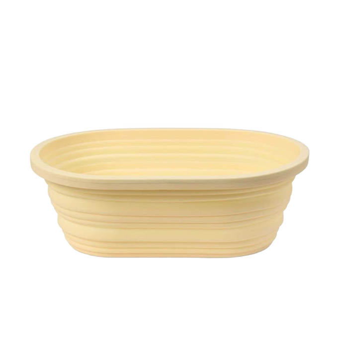 Oval collapsible bread proofing basket made from durable silicone with a steel rim, designed for shaping dough and easy storage in Kitchen & Food and Baking Supplies collections.