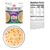 ReadyWise creamy pasta and chicken meal pouch in white packaging with colorful mountain design, alongside a bowl showcasing the meal with pasta, chicken, peas, and carrots, and the nutrition facts label, ideal for camping, emergency supplies, and pantry collections.