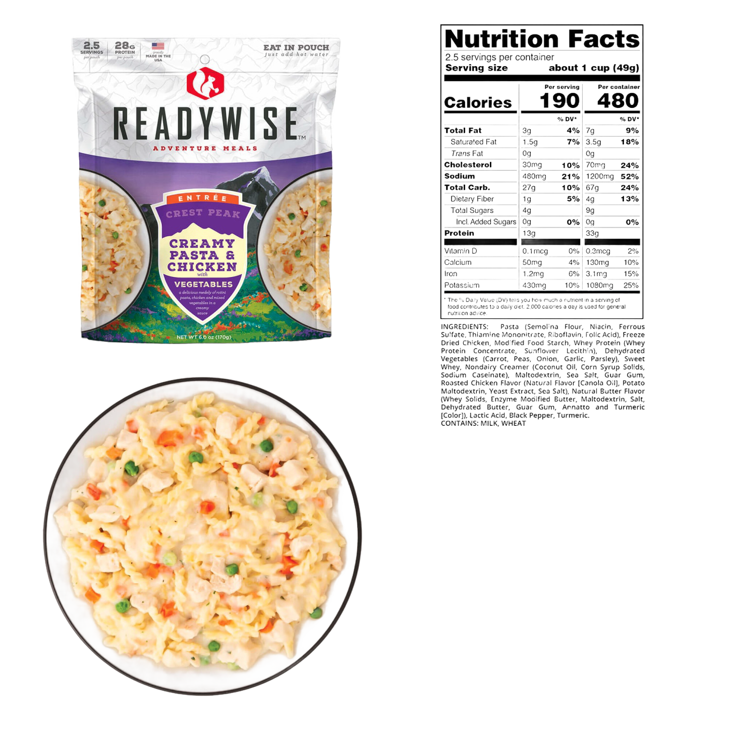 ReadyWise creamy pasta and chicken meal pouch in white packaging with colorful mountain design, alongside a bowl showcasing the meal with pasta, chicken, peas, and carrots, and the nutrition facts label, ideal for camping, emergency supplies, and pantry collections.