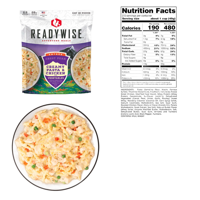 ReadyWise creamy pasta and chicken meal pouch in white packaging with colorful mountain design, alongside a bowl showcasing the meal with pasta, chicken, peas, and carrots, and the nutrition facts label, ideal for camping, emergency supplies, and pantry collections.