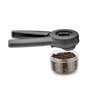 Matte black Ortwo Lite Salt and Pepper Mill with ergonomic dual handles positioned above a clear container filled with whole black peppercorns, designed for Kitchen & Food, Dinnerware, Kitchen Gadgets, Cooking and Baking Helpers, and Storage and Serving collections.