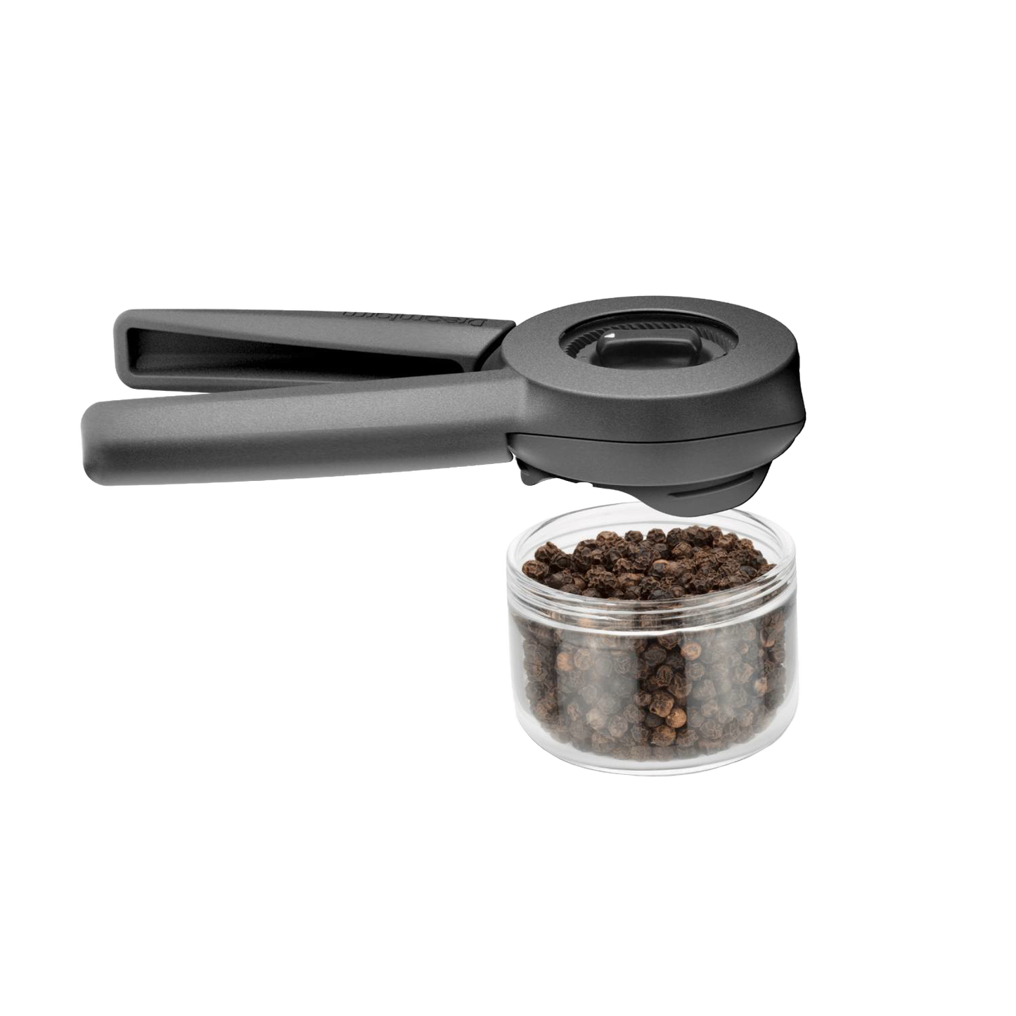 Matte black Ortwo Lite Salt and Pepper Mill with ergonomic dual handles positioned above a clear container filled with whole black peppercorns, designed for Kitchen & Food, Dinnerware, Kitchen Gadgets, Cooking and Baking Helpers, and Storage and Serving collections.