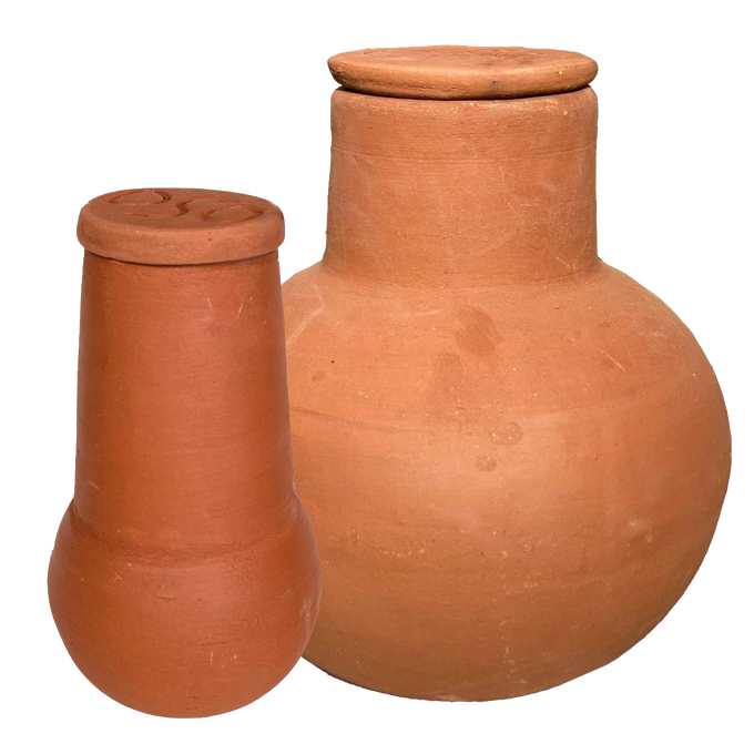Two handcrafted unglazed terra cotta watering pots with lids in natural clay color, designed for water-efficient irrigation of small gardens and containers, featured in Farm, Garden & Tool and Garden Accessories collections.