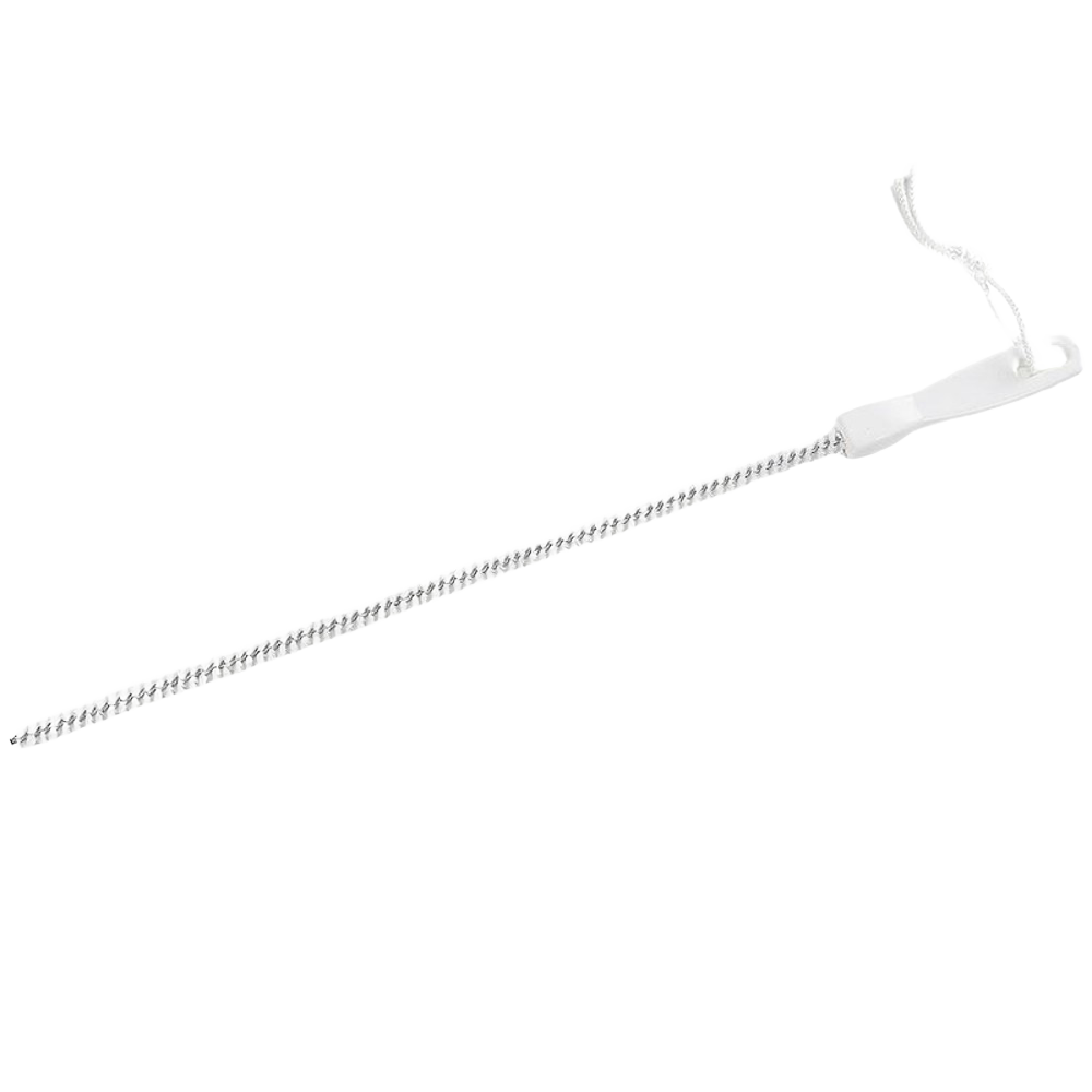 Slim, flexible sink drain brush with short, stiff bristles and white handle featuring a hanging loop; designed for clearing debris, part of Home & Decor and Household Cleaning collections.