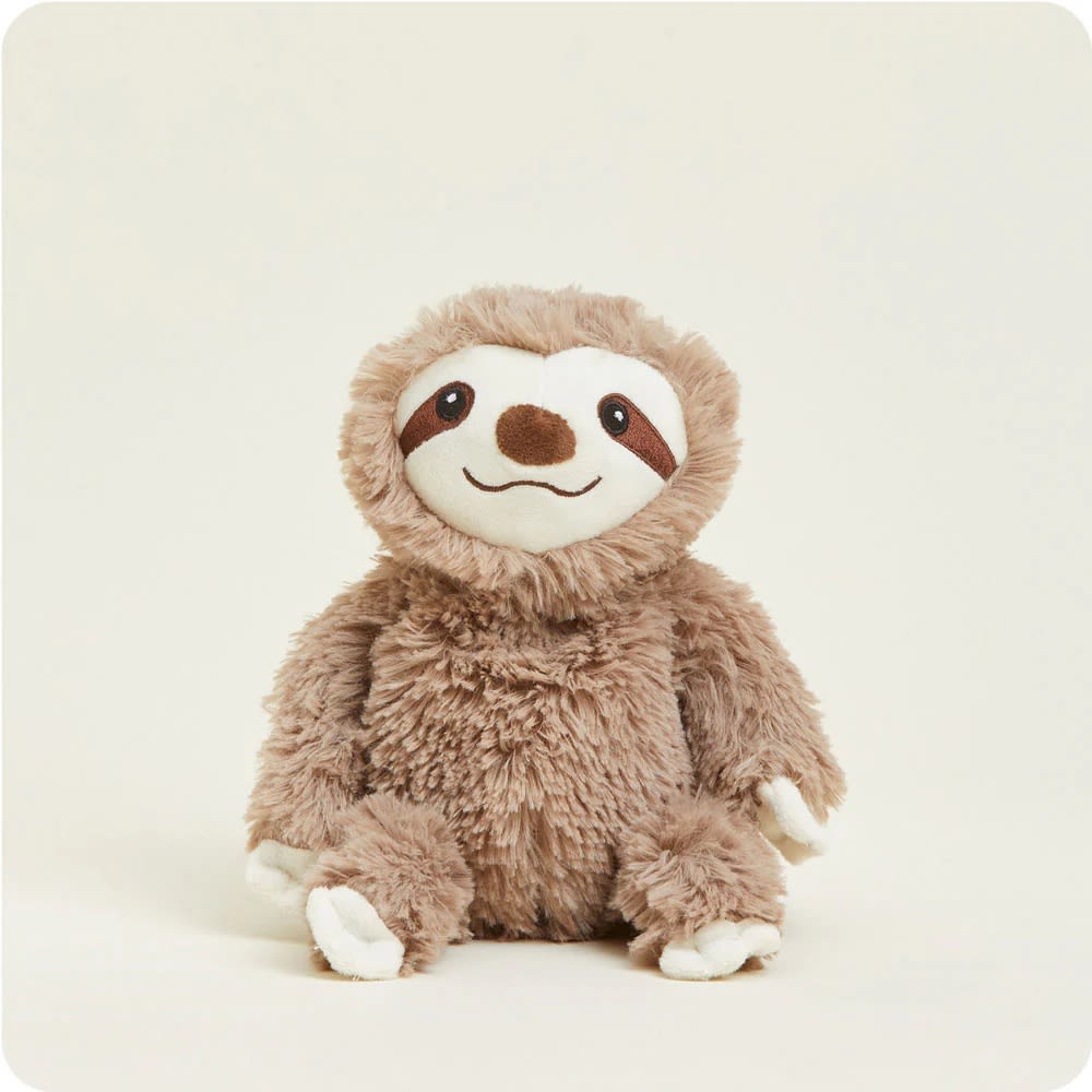 Soft and cuddly light brown plush sloth with white face details, weighted and microwaveable for comforting warmth, scented with dried French lavender, ideal for Health & Wellness and Children's Toys collections.