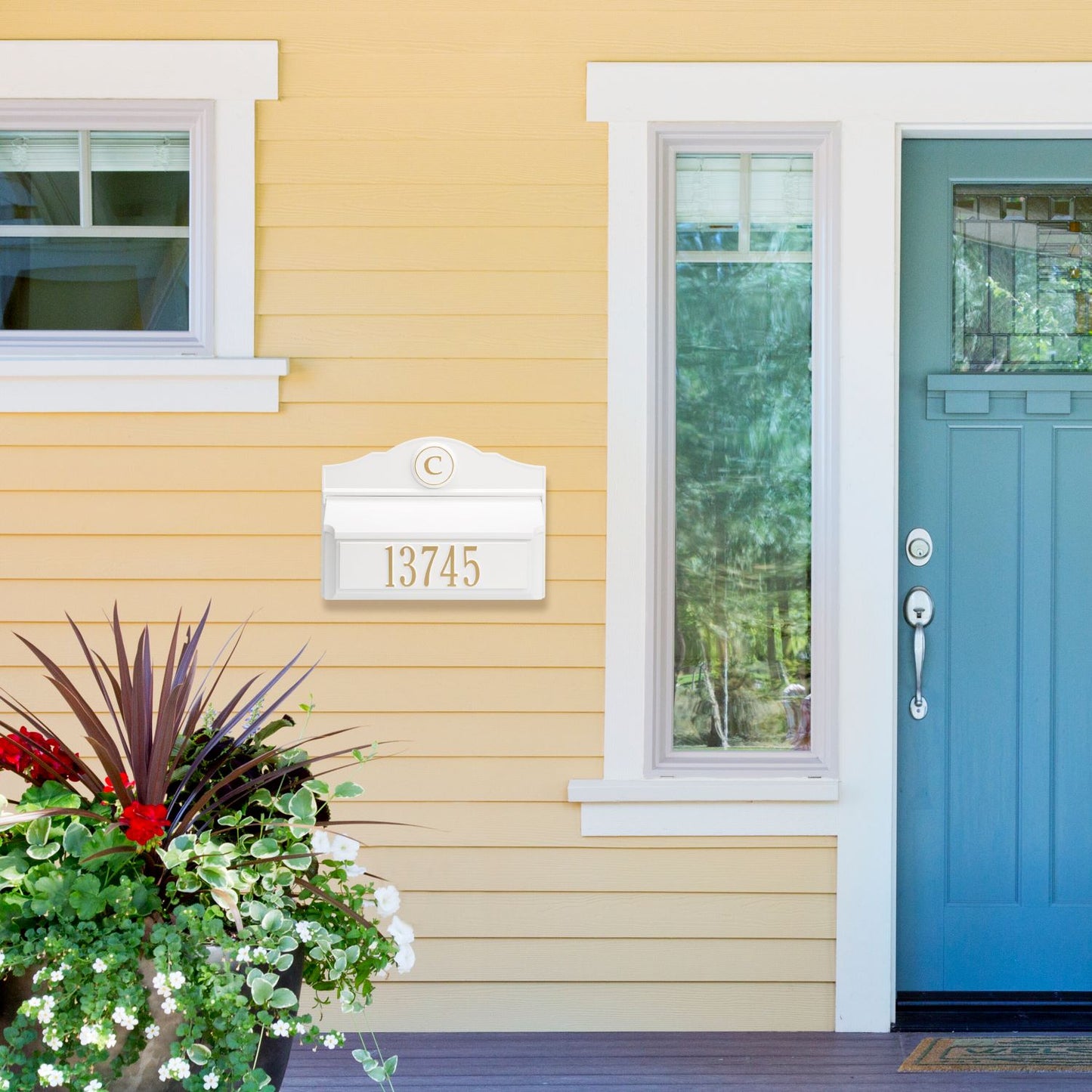 Handcrafted white and gold wall mount mailbox with personalized house number and monogram, made in USA, perfect for enhancing curb appeal in Home & Decor and Mailboxes collections.