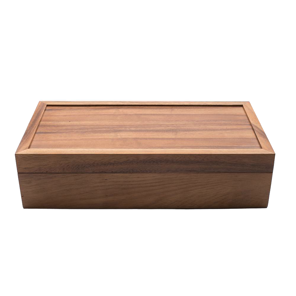 Handcrafted acacia wood tea box with a smooth, hinged lid and rich natural grain, designed for organized tea storage in Kitchen & Food and Brewing Coffee and Tea collections.